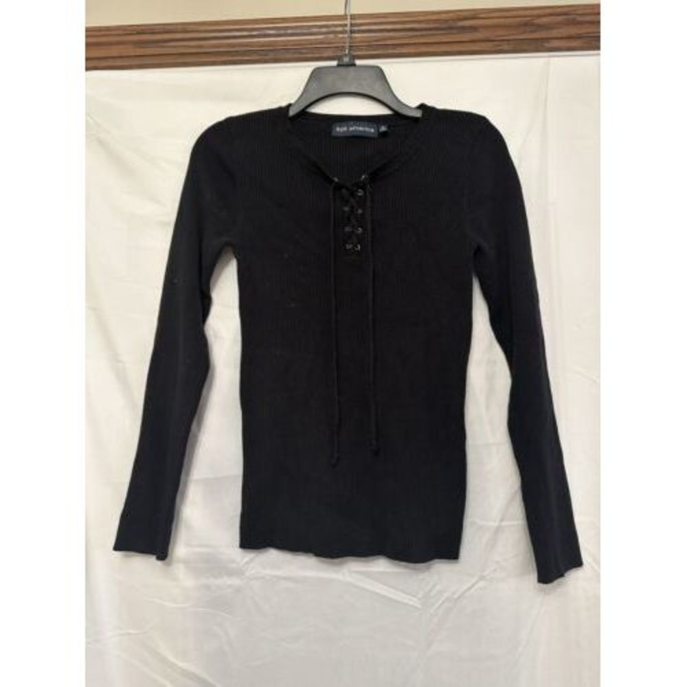 525 America Womens Black Long Sleeve‎ Henley Tie Front Ribbed Top Size Small